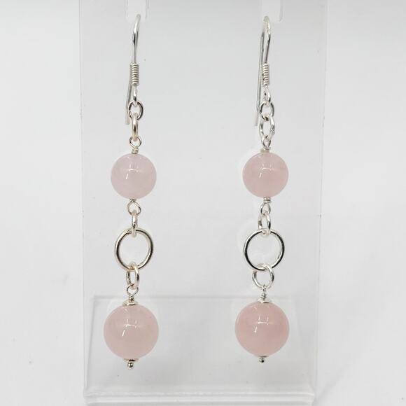 Sterling Silver Dangle Earrings Pink Beads 2.5" Long Drop Hook Lightweight - Picture 1 of 5